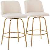 Toriano 26" Swivel Counter Stool in Cream Noise Fabric & Gold with Round Footrest (Set of 2)